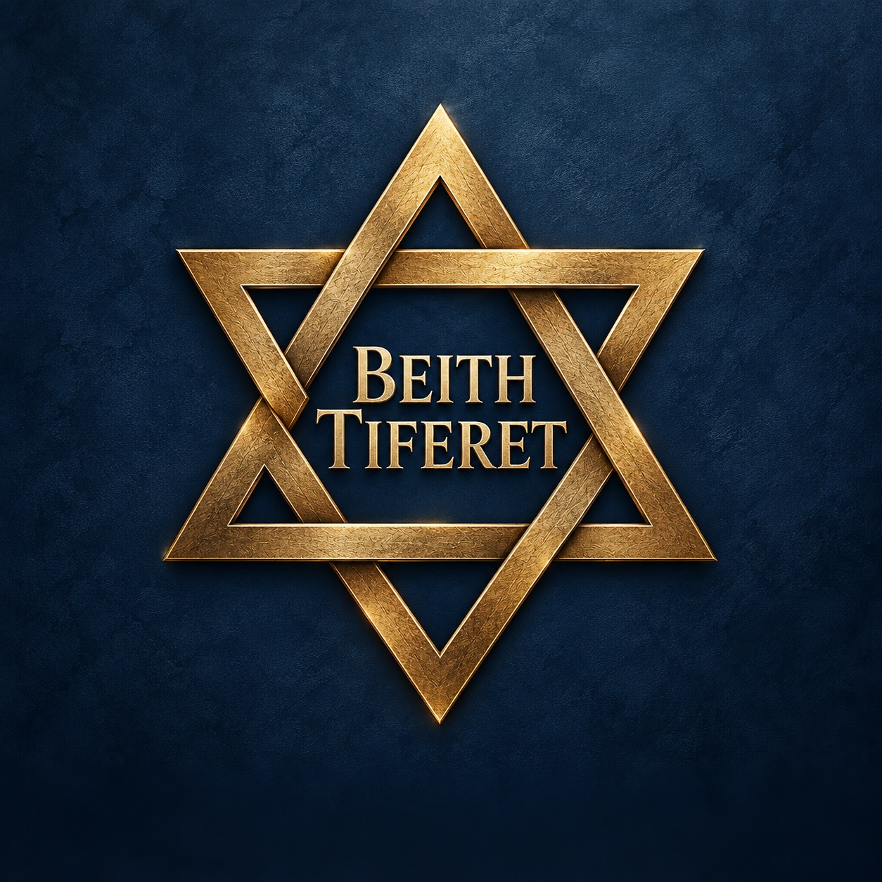 Estrella de David dorada con el nombre Beith Tiferet sobre un fondo azul